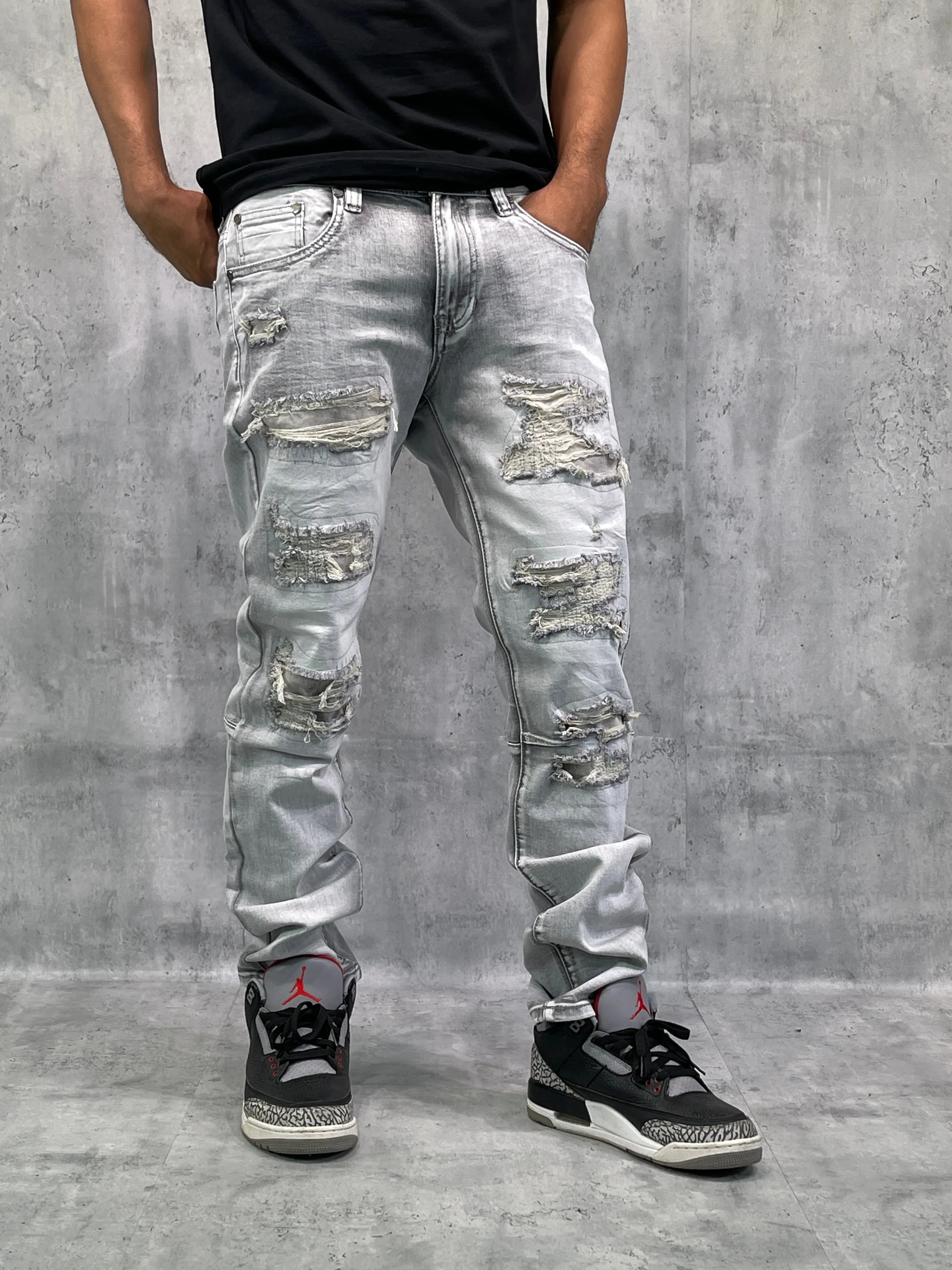 BTP23087: Rip & Repair Slim Fit Denim Pants