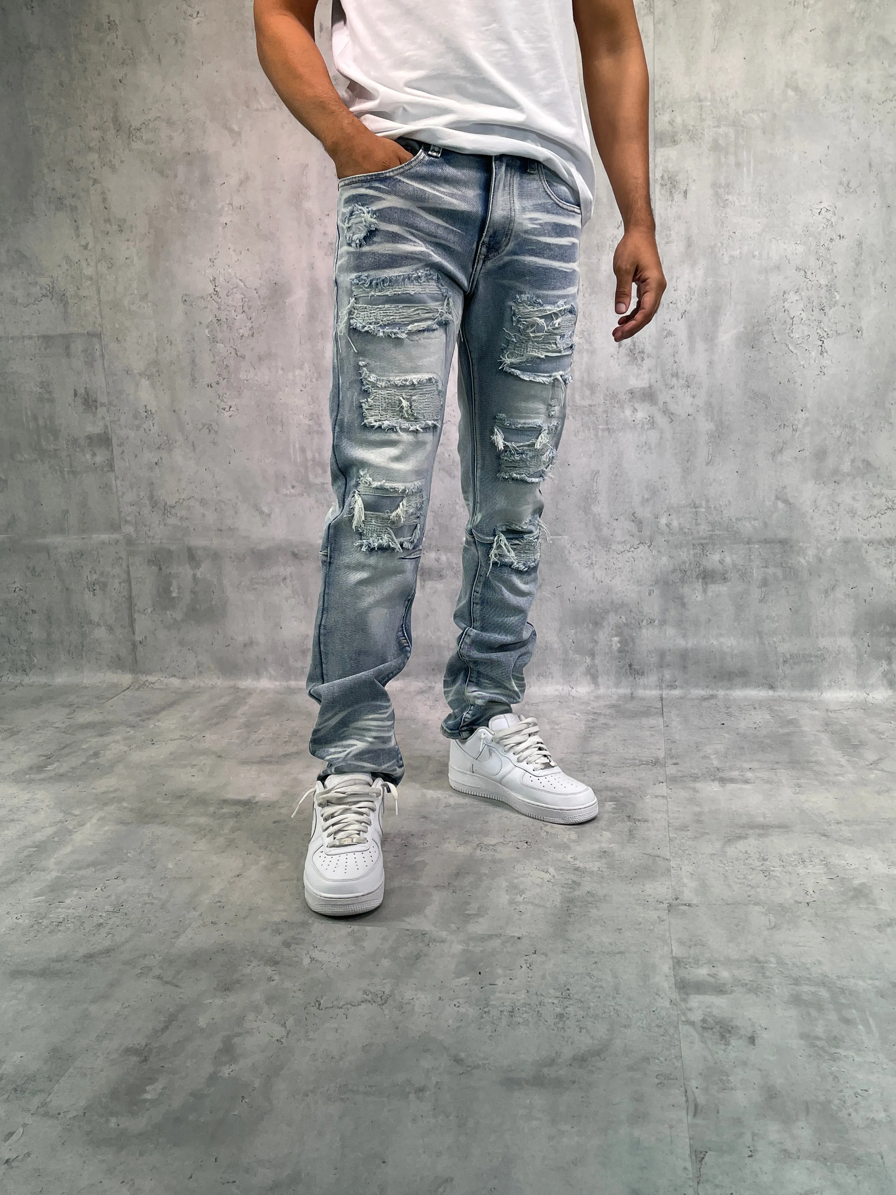 BTP23087: Rip & Repair Slim Fit Denim Pants
