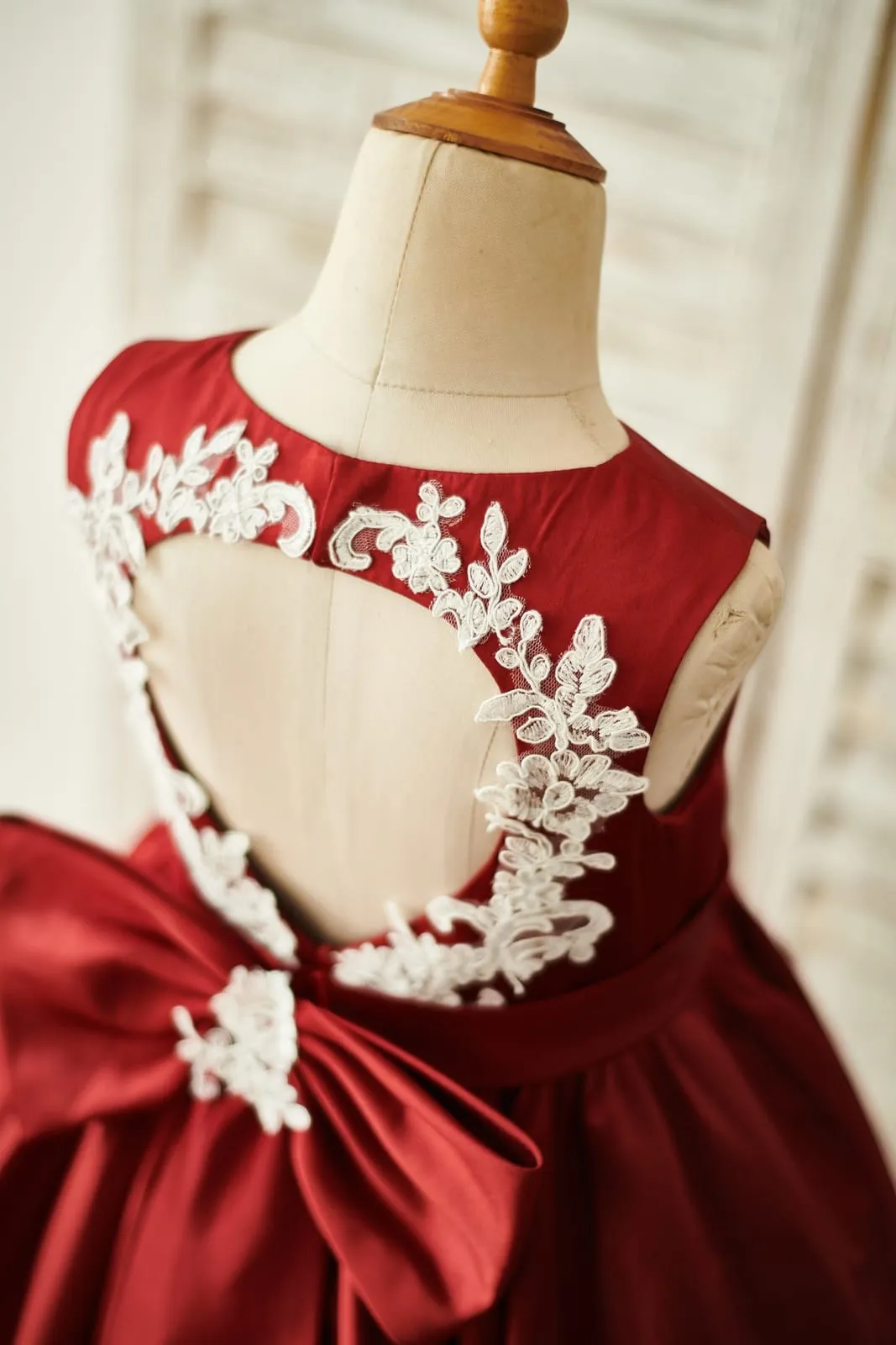 Burgundy Satin Ivory Lace Keyhole Back Wedding Flower Girl Dress