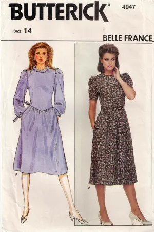 Butterick 4947 Womens BELLE FRANCE Drop Waisted Puff Sleeved Dress 1980s Vintage Sewing Pattern Size 14 Bust 36 Inches UNCUT Factory Folded