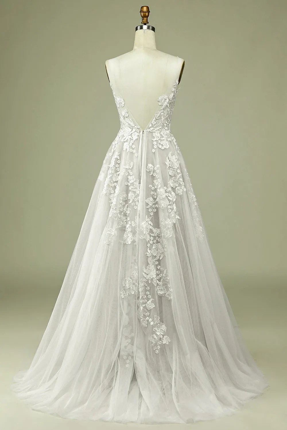BYG-11  V-neck sleeveless lace appliqué, A-line wedding dress