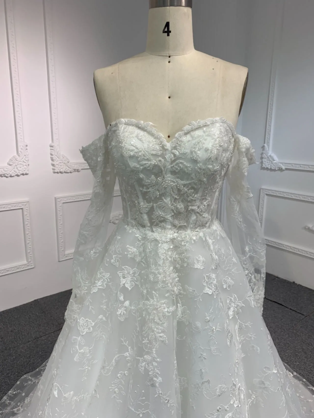 BYG#Y2327 LACE BEADINGS A LINE WEDDING DRESS WITH LONG SLEEVE