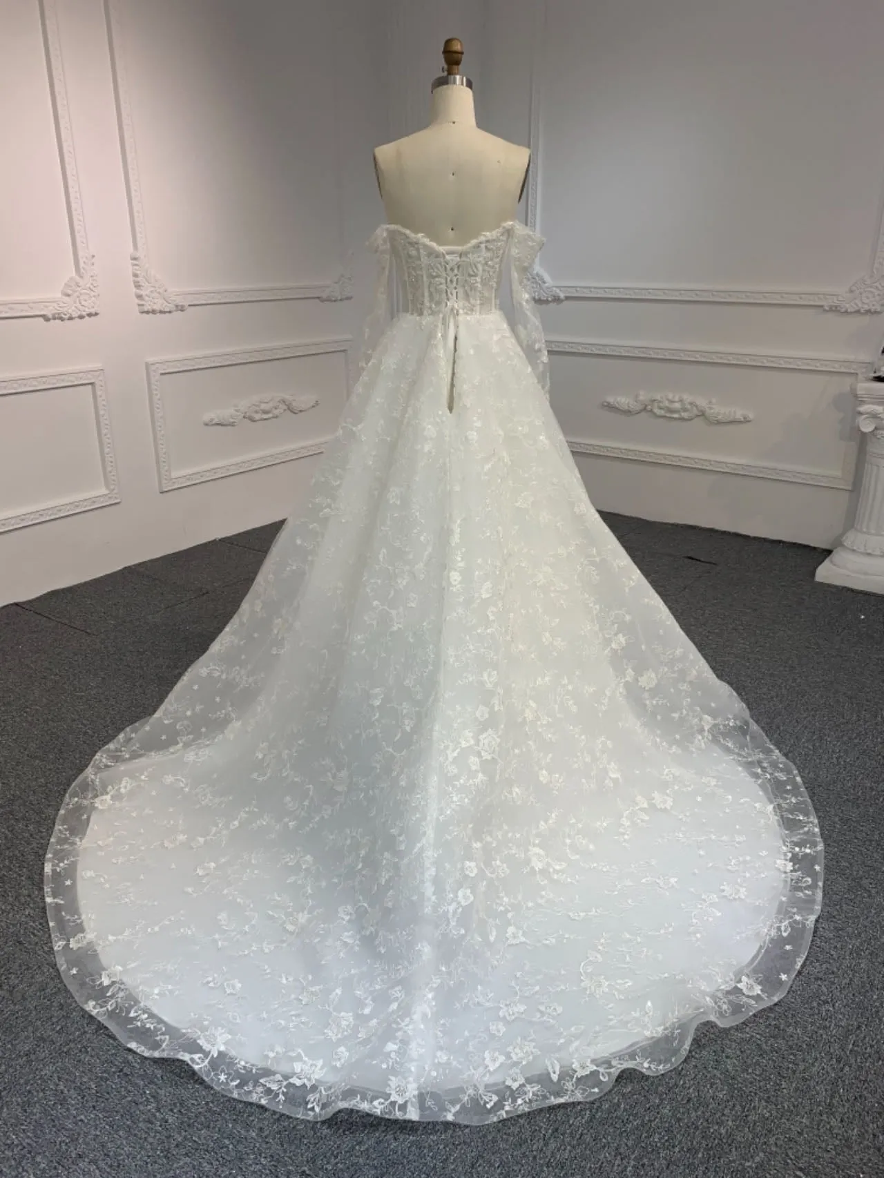BYG#Y2327 LACE BEADINGS A LINE WEDDING DRESS WITH LONG SLEEVE