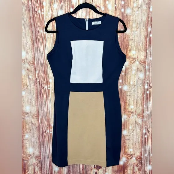 Calvin Klein Color Blocked Sheath Dress Size 8 Navy Taupe and Cream