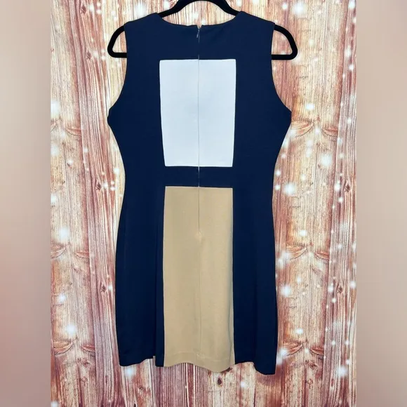 Calvin Klein Color Blocked Sheath Dress Size 8 Navy Taupe and Cream