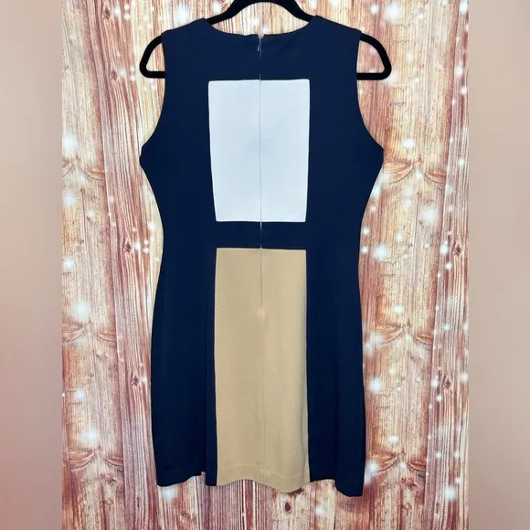 Calvin Klein Color Blocked Sheath Dress Size 8 Navy Taupe and Cream