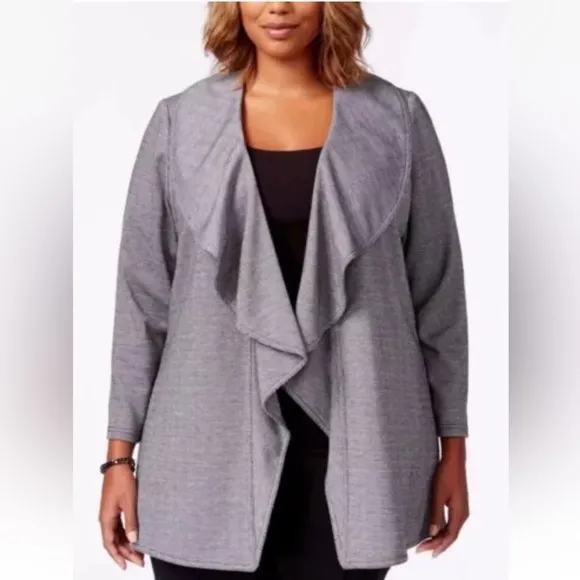 Calvin Klein Gray Cascade Ruffle Drape Open Front Blazer Jacket Womens 24W