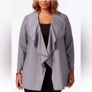 Calvin Klein Gray Cascade Ruffle Drape Open Front Blazer Jacket Womens 24W