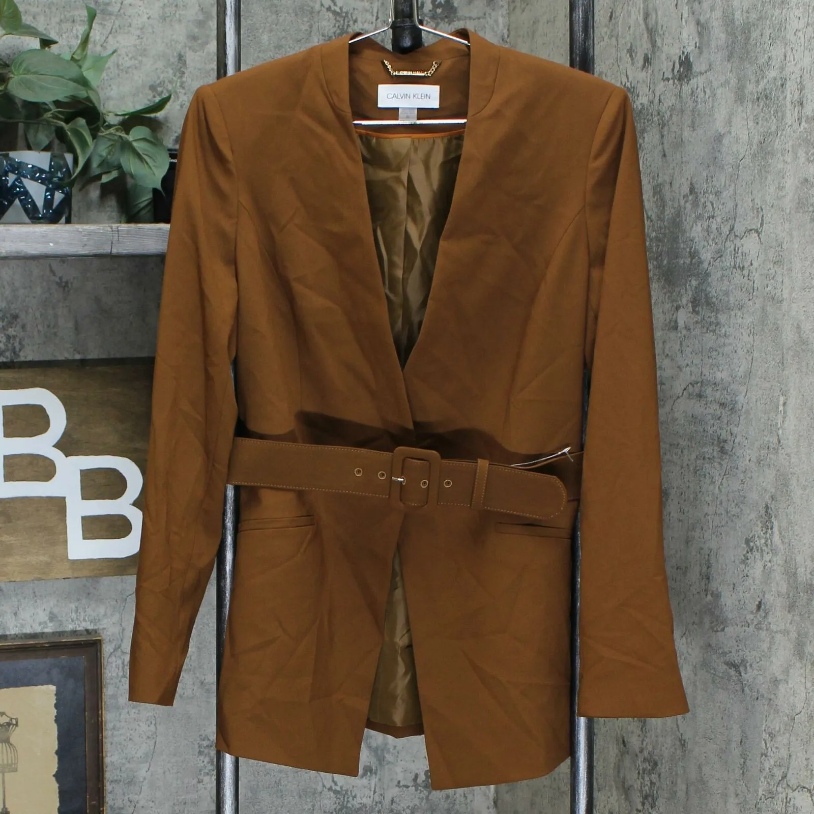 Calvin Klein Women's Collarless Belted Blazer Jacket 10 Brown
