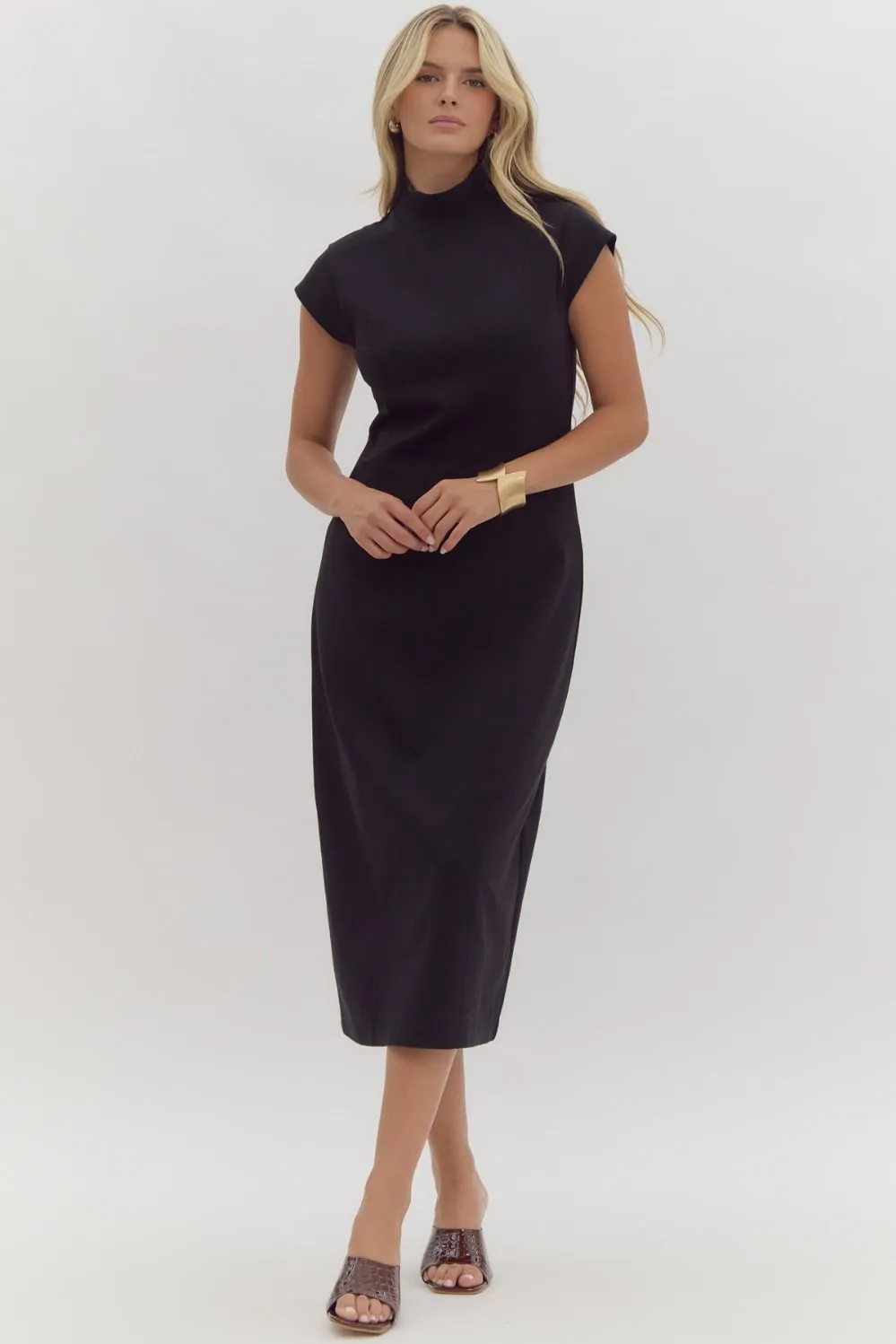 Cap Sleeve Midi Dress {Black}