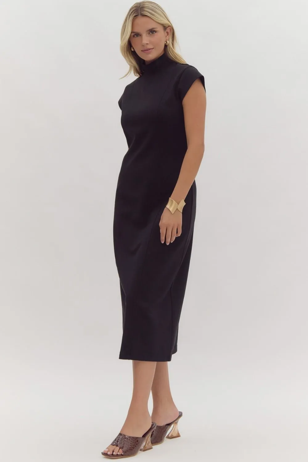 Cap Sleeve Midi Dress {Black}