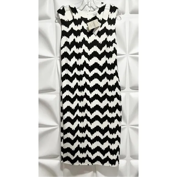 Carmen Marc Valvo Sz M Black Ivory Chevron Print Midi Pencil Sheath Dress