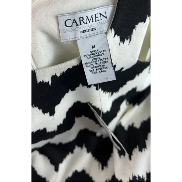 Carmen Marc Valvo Sz M Black Ivory Chevron Print Midi Pencil Sheath Dress