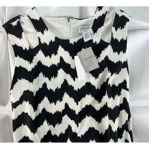 Carmen Marc Valvo Sz M Black Ivory Chevron Print Midi Pencil Sheath Dress