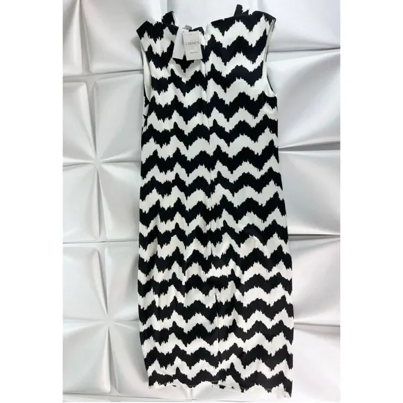 Carmen Marc Valvo Sz M Black Ivory Chevron Print Midi Pencil Sheath Dress