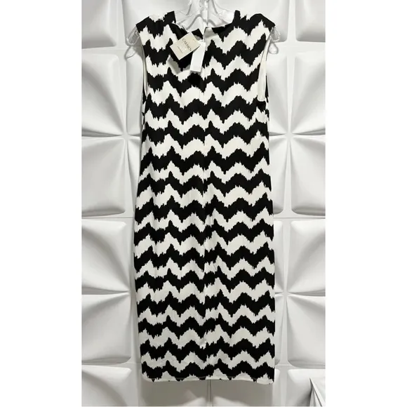 Carmen Marc Valvo Sz M Black Ivory Chevron Print Midi Pencil Sheath Dress