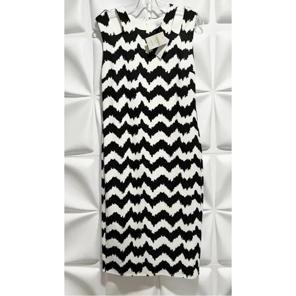 Carmen Marc Valvo Sz M Black Ivory Chevron Print Midi Pencil Sheath Dress