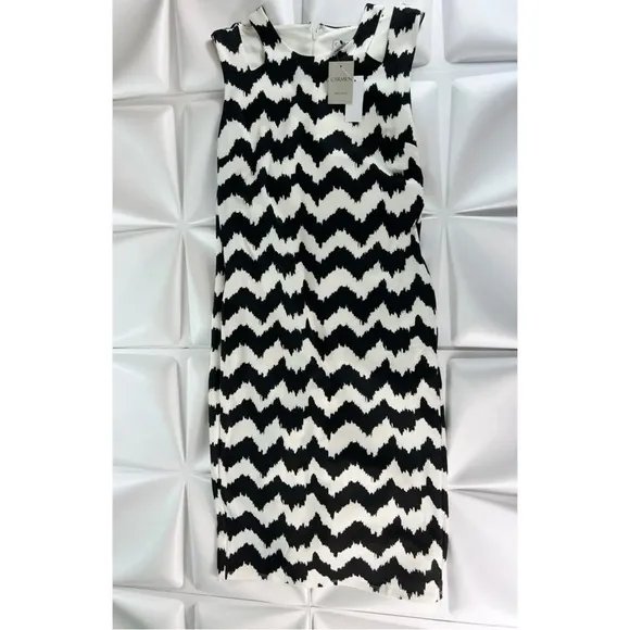 Carmen Marc Valvo Sz M Black Ivory Chevron Print Midi Pencil Sheath Dress