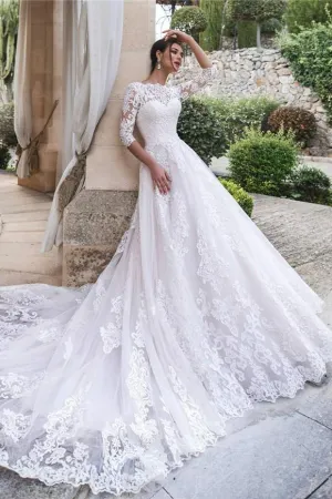Cathedral Train White Lace Bridal Dresses with Sleeves vestido de boda