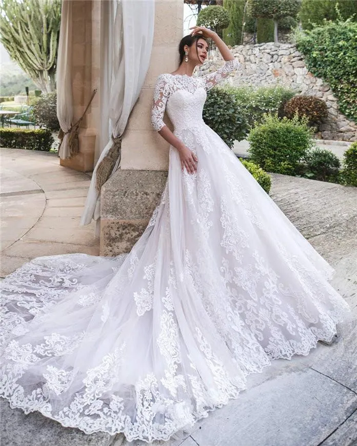 Cathedral Train White Lace Bridal Dresses with Sleeves vestido de boda
