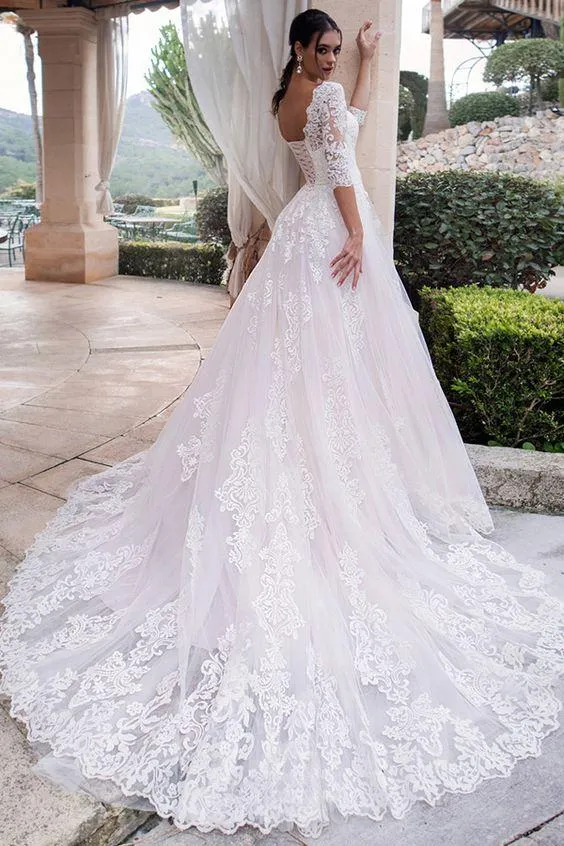 Cathedral Train White Lace Bridal Dresses with Sleeves vestido de boda