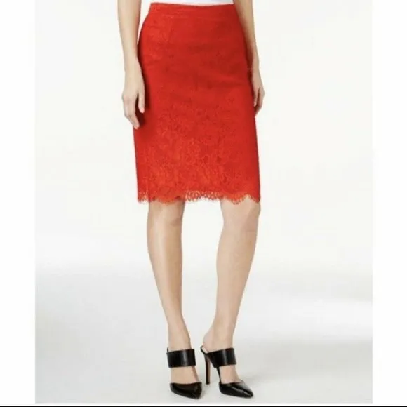 CeCe Curve-Hugging Pencil Skirt Features Beautifully Lace In Red Color / Size 0