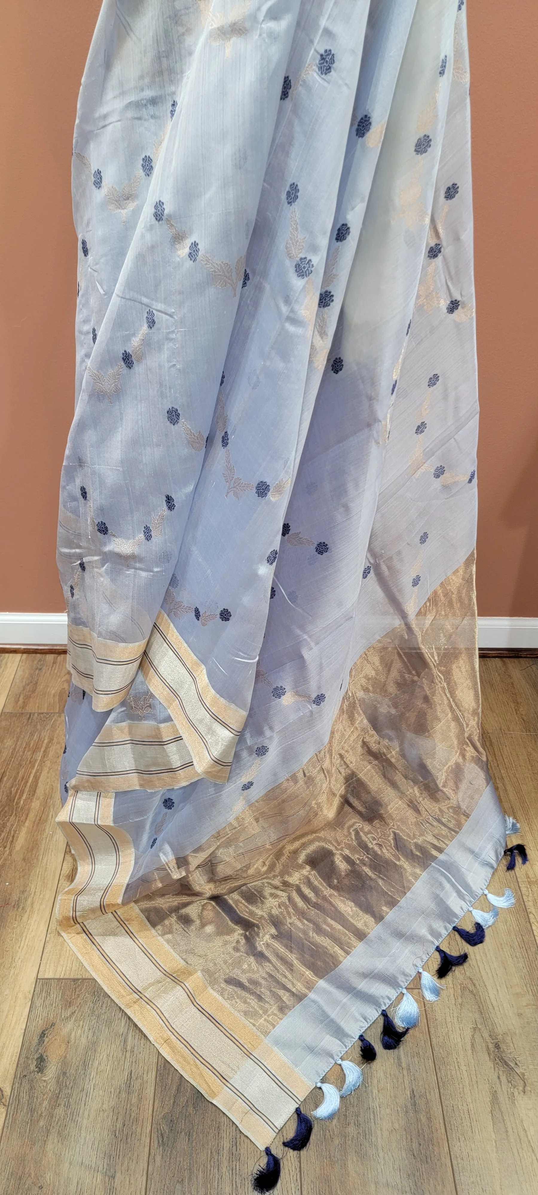 Chanderi Pattu Saree in Blue W/ Custom Blouse.