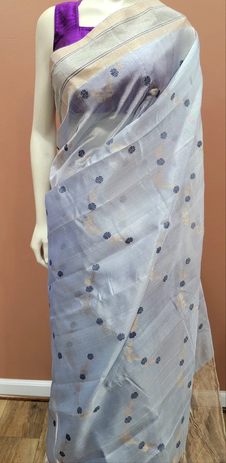 Chanderi Pattu Saree in Blue W/ Custom Blouse.