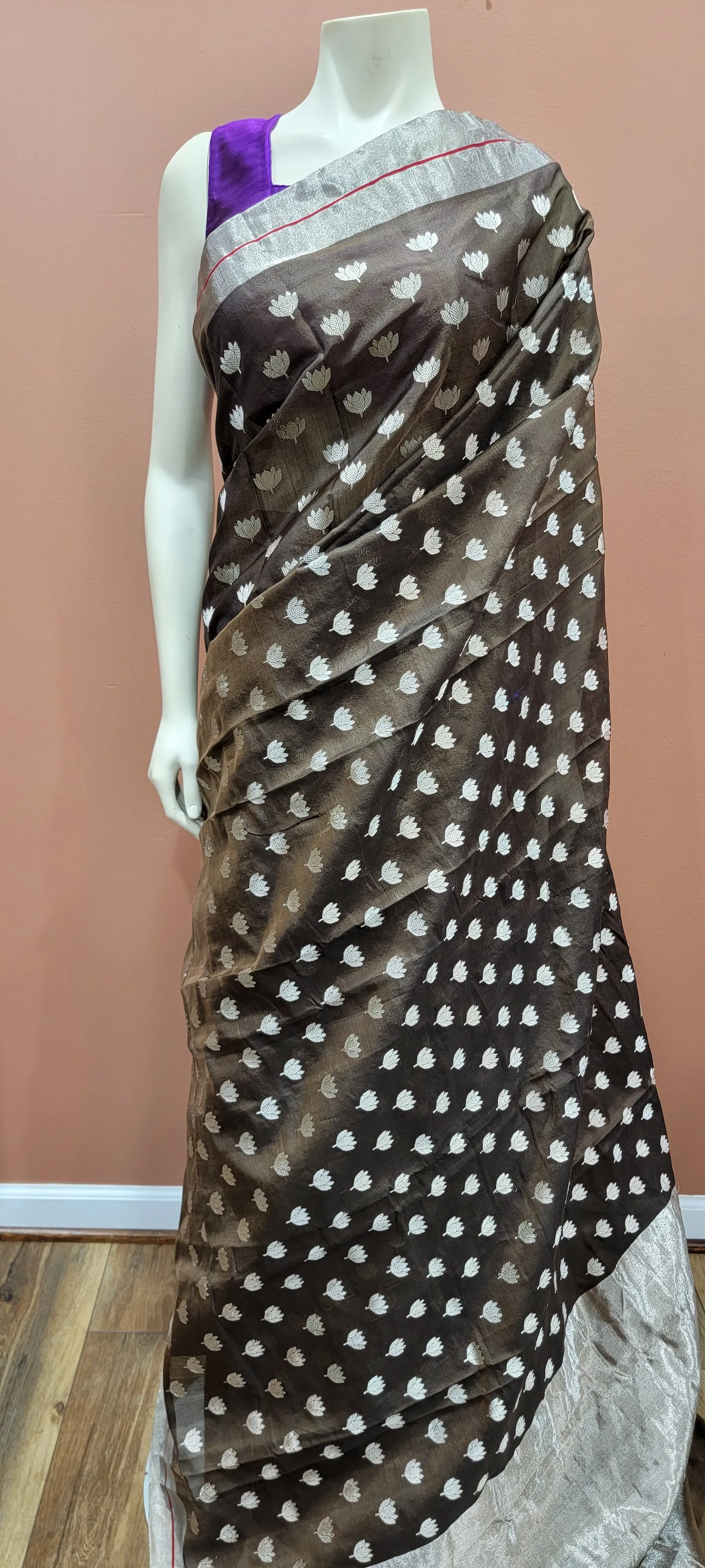 Chanderi Pattu Saree in Brown W/ Custom Blouse