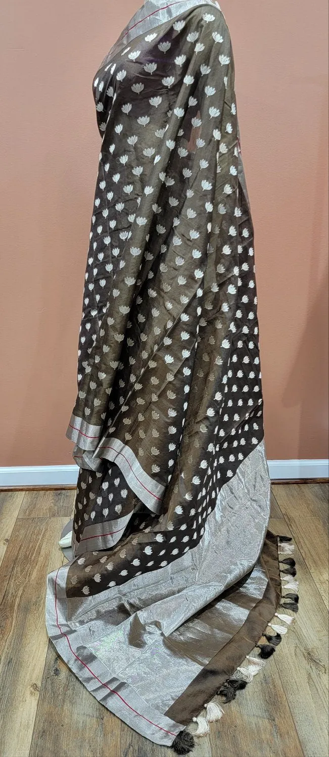 Chanderi Pattu Saree in Brown W/ Custom Blouse