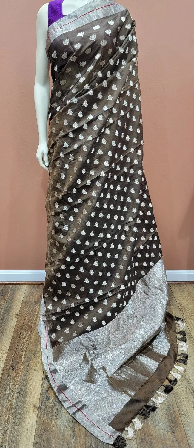Chanderi Pattu Saree in Brown W/ Custom Blouse