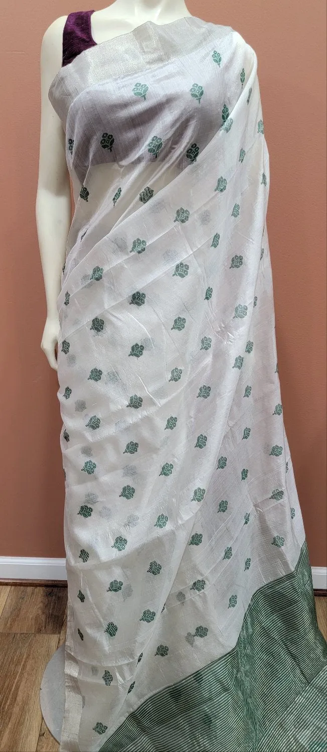 Chanderi Pattu Saree in White W/ Custom Blouse.