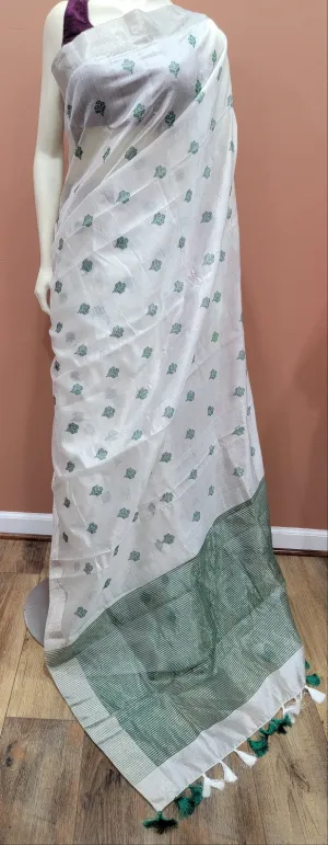 Chanderi Pattu Saree in White W/ Custom Blouse.