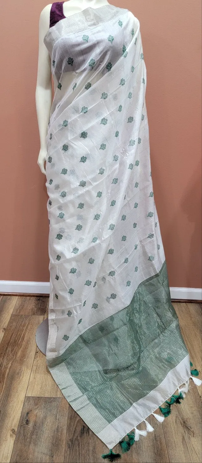 Chanderi Pattu Saree in White W/ Custom Blouse.
