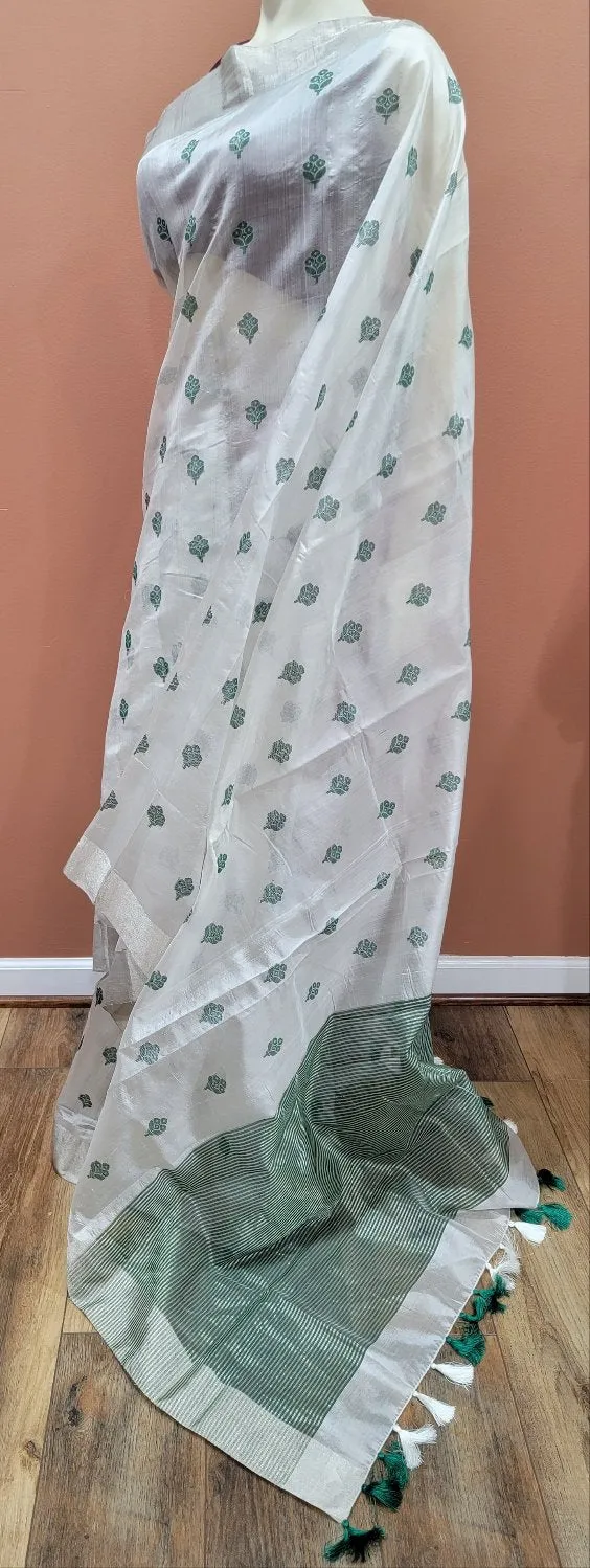 Chanderi Pattu Saree in White W/ Custom Blouse.