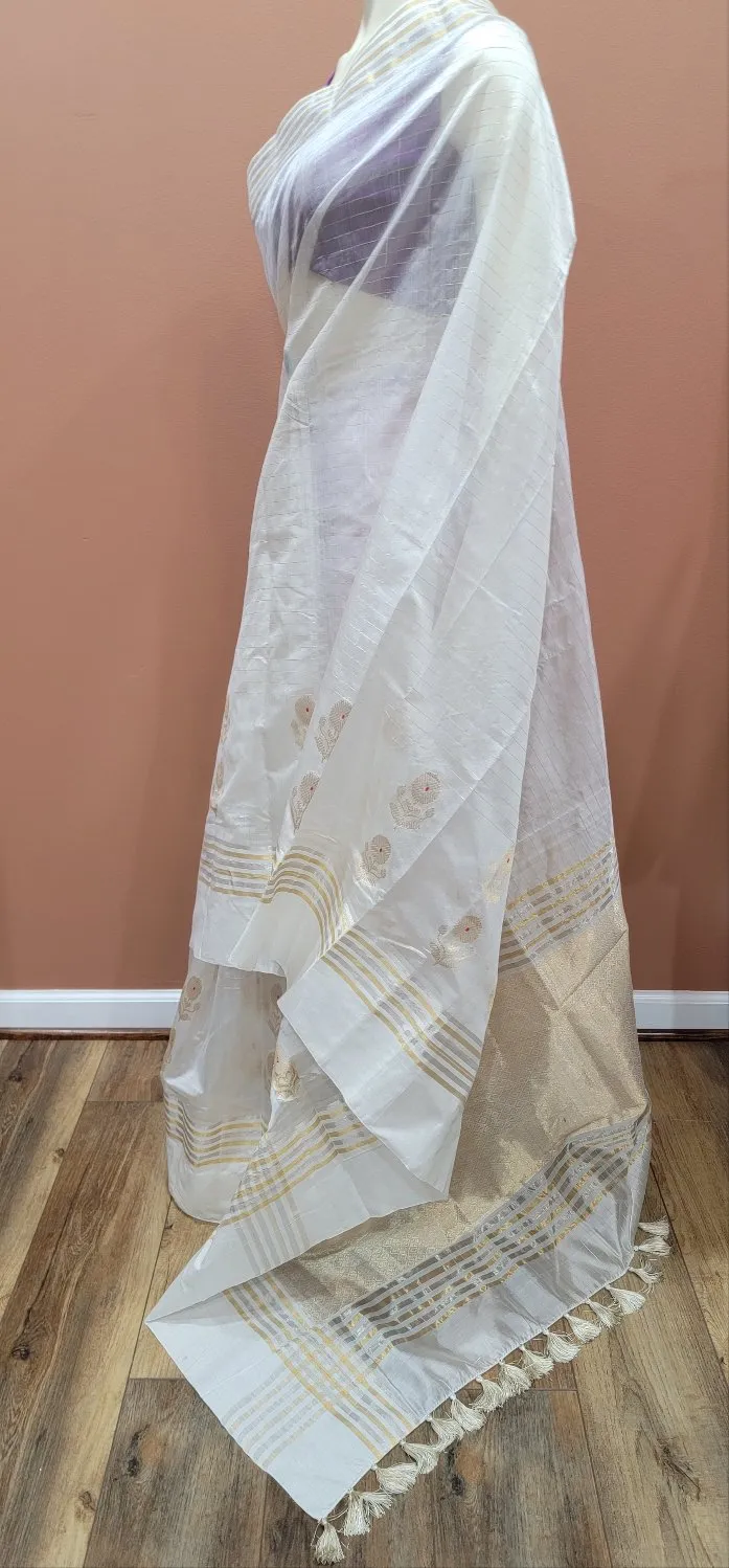 Chanderi Pattu Sarees in White W/ Custom Blouse