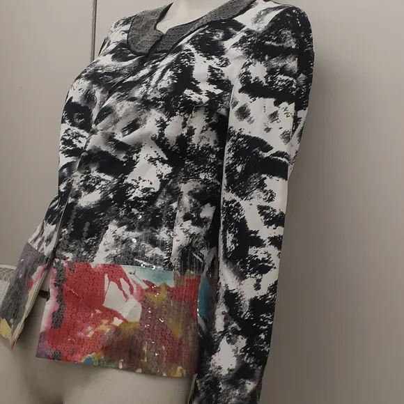 Chico Black white Geisha Face Blazer Sequined Jacket M L