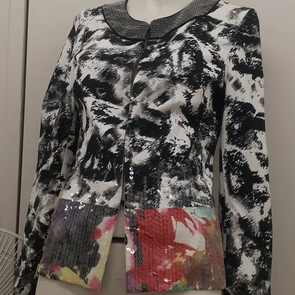 Chico Black white Geisha Face Blazer Sequined Jacket M L