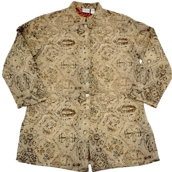 Chicos Tan Camel Taupe Jacquard Tapestry Driving Duster Jacket Coat L 2 10-12
