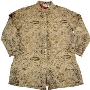 Chicos Tan Camel Taupe Jacquard Tapestry Driving Duster Jacket Coat L 2 10-12
