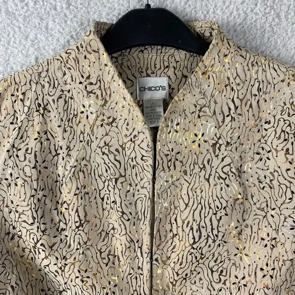 Chico's Women's Tan/Gold Foil Perforated Leather Jacket Blazer Size 1