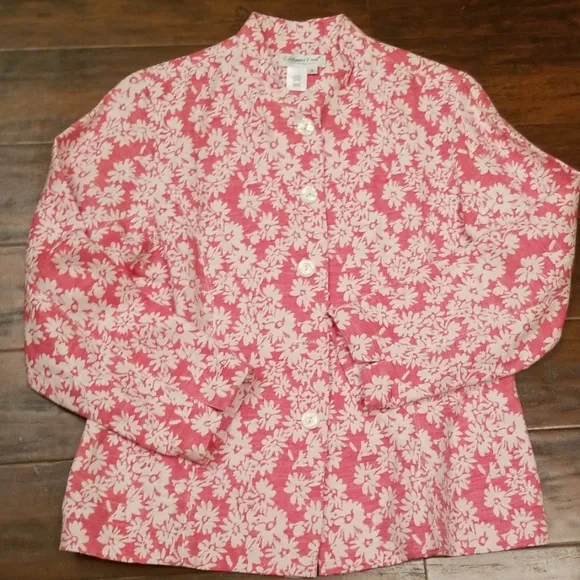 ColdWater Creek jacket coral pink with floral print denim mix button down