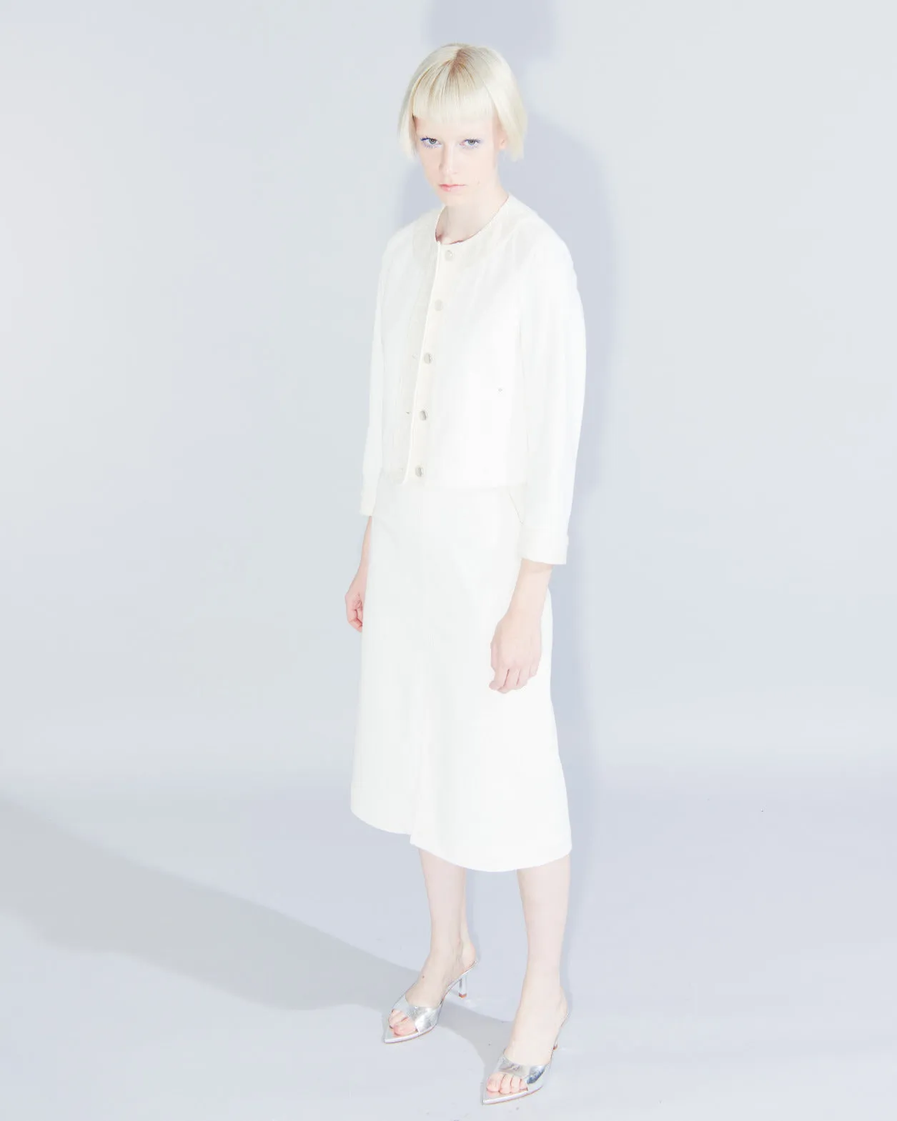 Cotton Denim A-Line Skirt with Tweed Detail