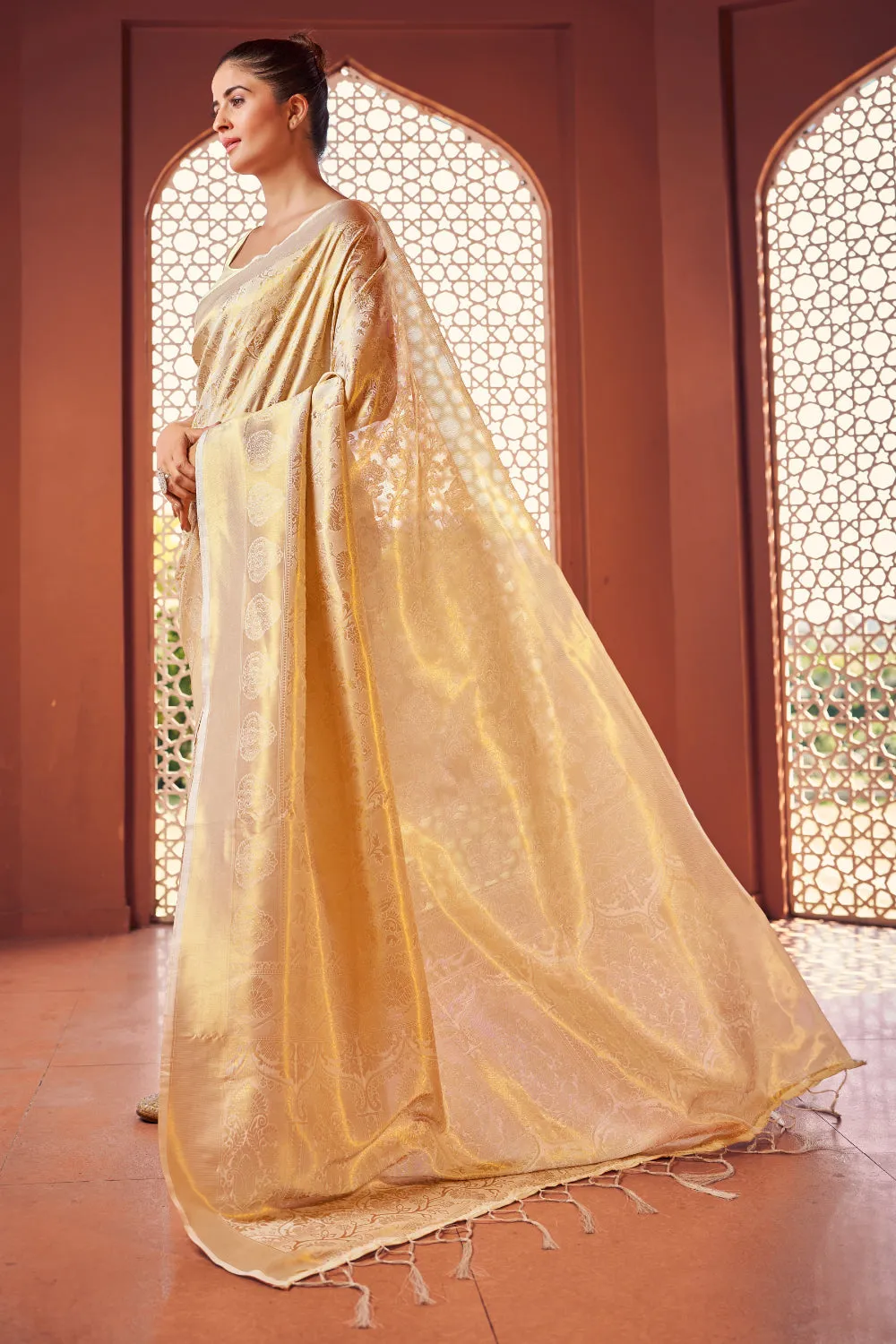 Cream Woven Kanjivaram Wedding Saree With Blouse