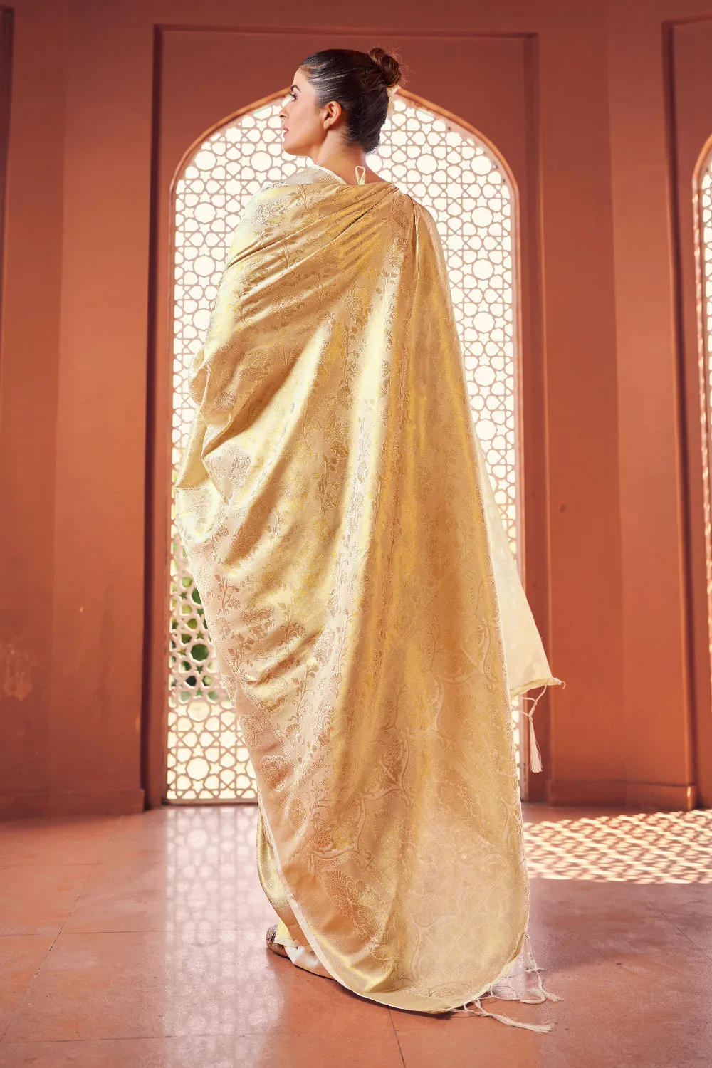 Cream Woven Kanjivaram Wedding Saree With Blouse