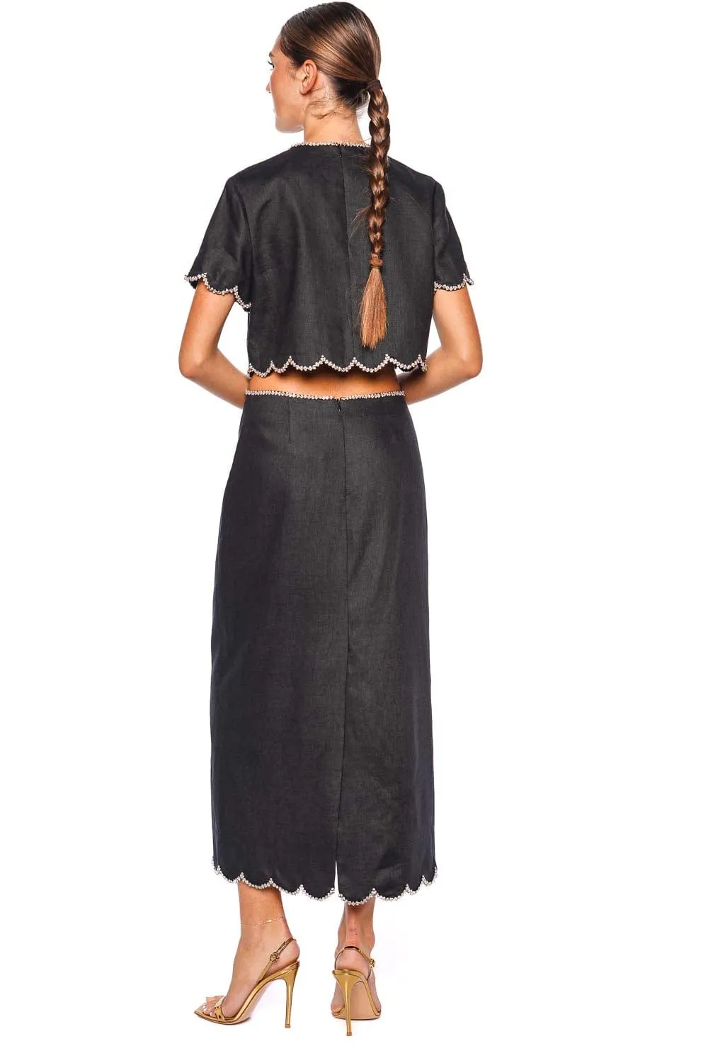 Crush Black Scalloped Midi Skirt