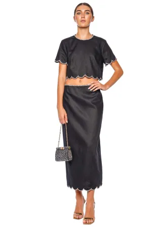 Crush Black Scalloped Midi Skirt