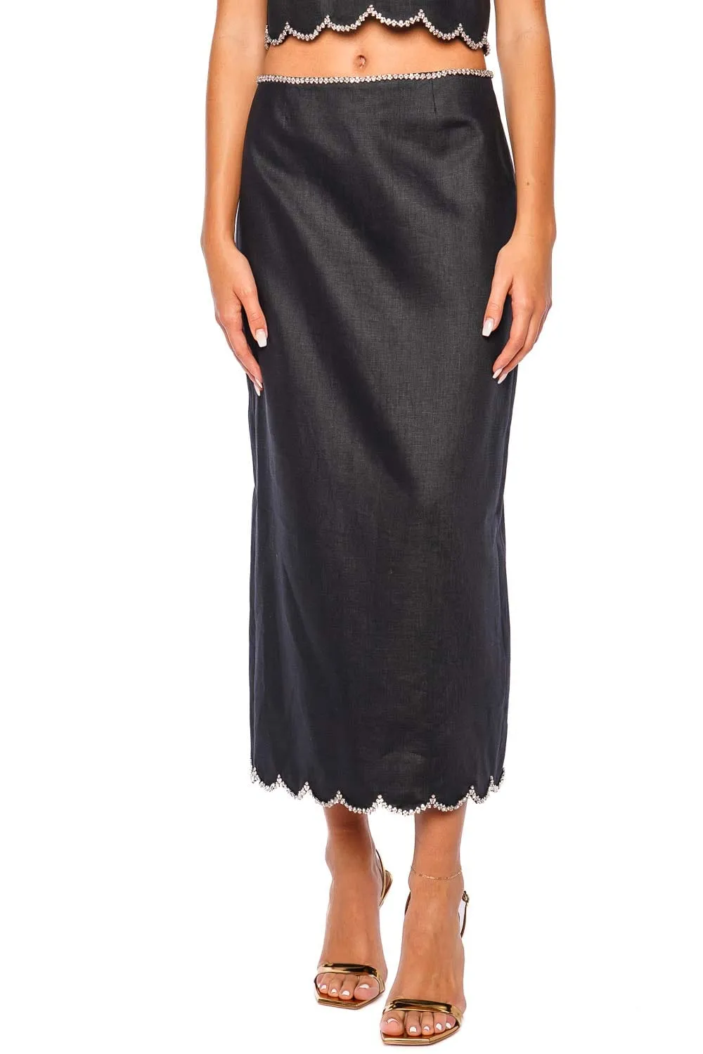 Crush Black Scalloped Midi Skirt