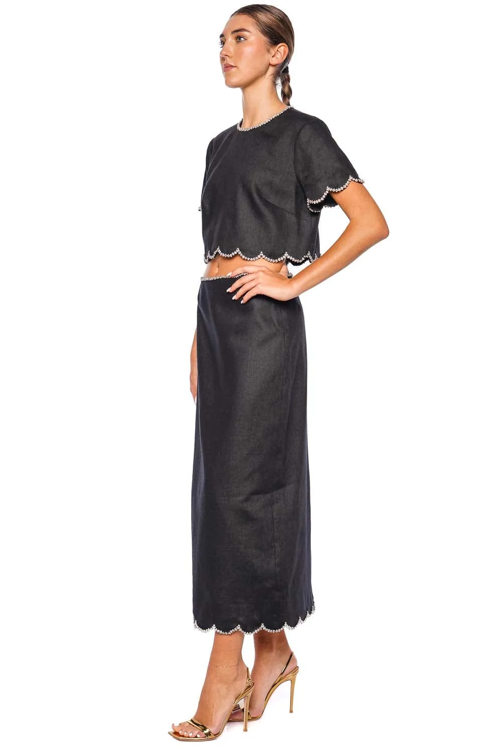 Crush Black Scalloped Midi Skirt