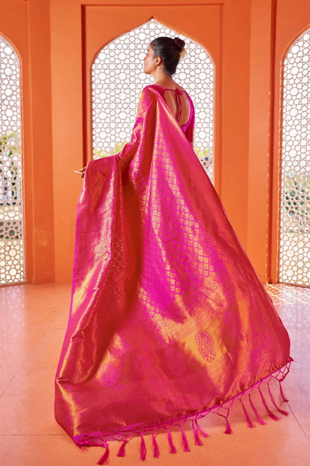 Dark Pink & Golden Kanjivaram Wedding Saree With Blouse